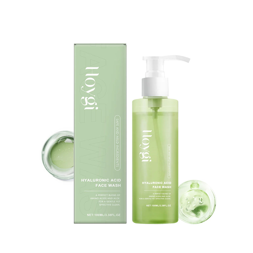 Facial cleansing gel with hyaluronic acid. Hydrates, cleans pores, and exfoliates without drying out