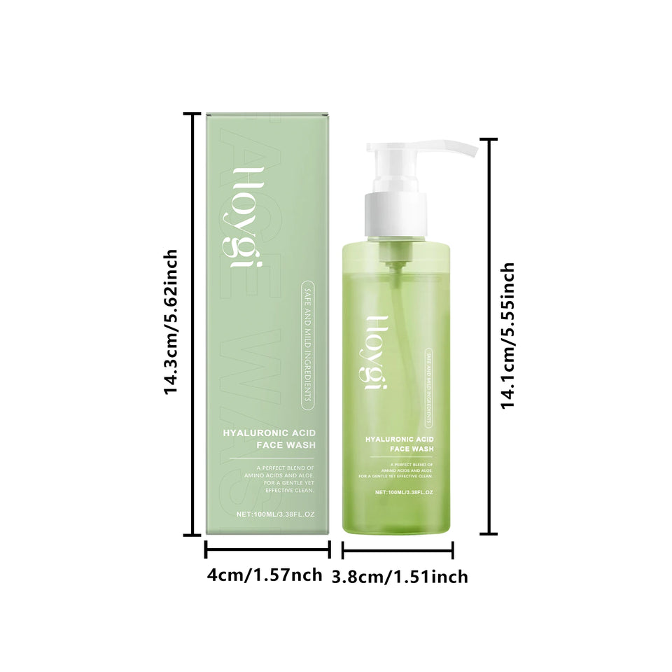 Facial cleansing gel with hyaluronic acid. Hydrates, cleans pores, and exfoliates without drying out