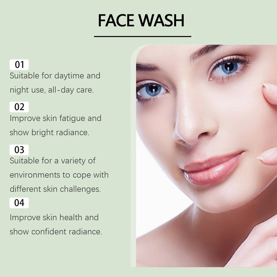 Facial cleansing gel with hyaluronic acid. Hydrates, cleans pores, and exfoliates without drying out