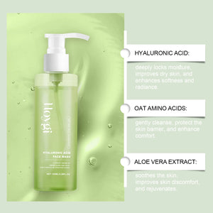 Facial cleansing gel with hyaluronic acid. Hydrates, cleans pores, and exfoliates without drying out