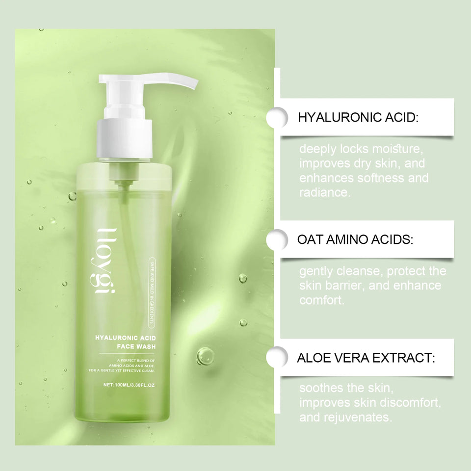 Facial cleansing gel with hyaluronic acid. Hydrates, cleans pores, and exfoliates without drying out